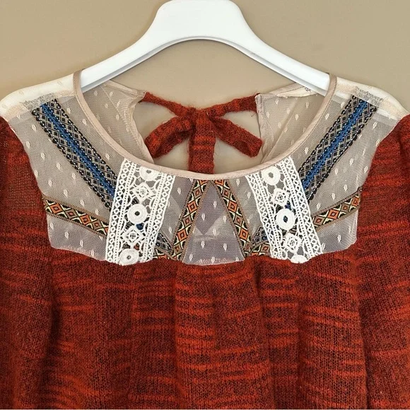 Ryu M/L Boho Sweater Bell Sleeve Cottagecore Hippie Mixed Media Artsy Rust Orang - Picture 12 of 15